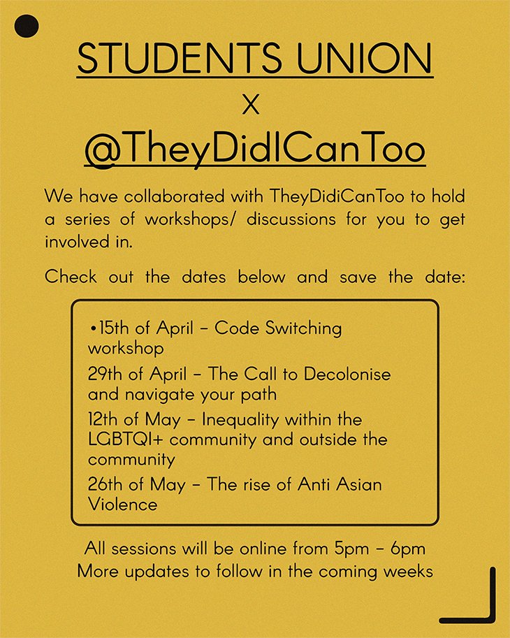 SU Presents: Code Switching with TheyDidiCanToo

A great series of events coming up in collaboration with <a href="/rsu_tweets/">Ravensbourne Students' Union</a> and <a href="/TheyDidICanToo1/">They Did I Can Too</a> ✨

 🔗 Register to attend here: rave.native.fm