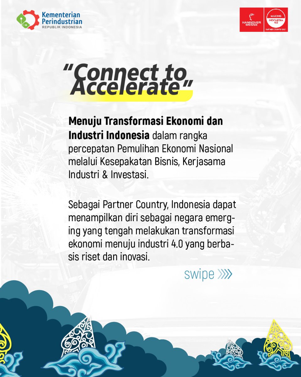 kemkomdigi's tweet photo. 4. Mengusung tagline #ConnectToAccelerate, juga dapat dijadikan momentum menuju transformasi ekonomi & industri Indonesia dlm rangka percepatan pemulihan ekonomi nasional melalui kesepakatan bisnis, kerjasama industri & investasi #IndonesiaHM2021 #HannoverMesse2021. https://t.co/z2Nm4LSi2V