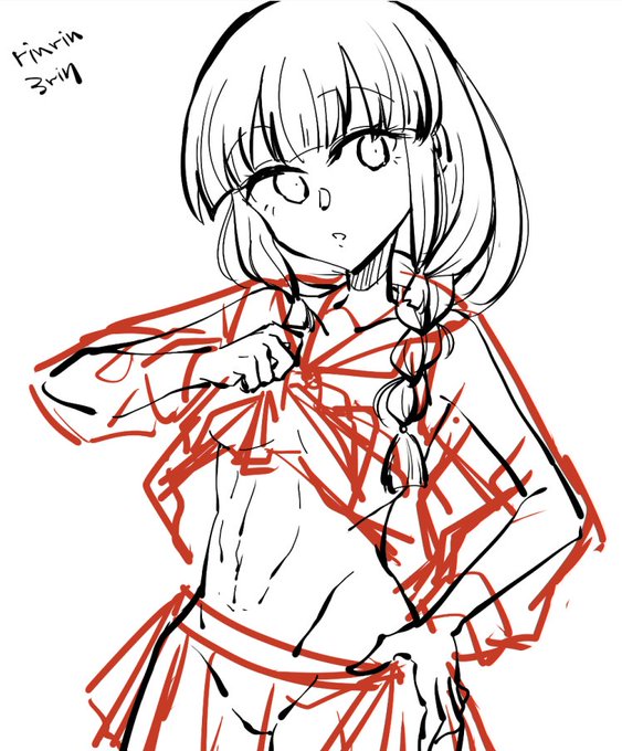 バランスとるために描いた体の線、すごい良く描けたのに服で半分消えてしまうのもったいないなって思ったのであげ 