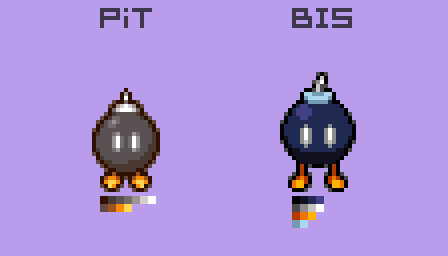 Bob-ombs, my favorite enemy! BiS gives them a darker blue, slightly longer legs, and a dull cyan rim around the fuse. The white eyes have less anti-aliasing than PiT, which I think is actually an improvement. It looks like their eyes pop out instead of blending in.