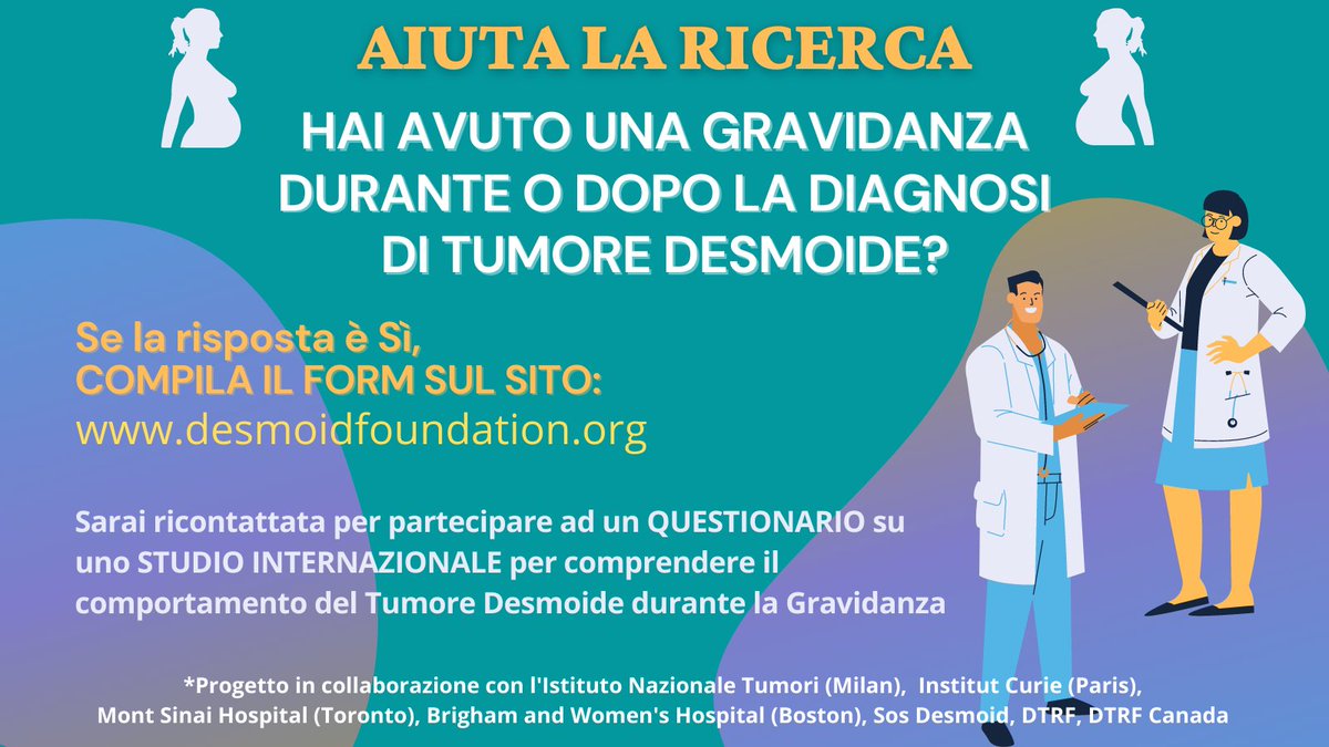 DesmoidI's tweet image. *** PARTECIPA ALLO STUDIO SULLA CORRELAZIONE TRA DESMOIDE E GRAVIDANZA ***

Sei una paziente che ha ricevuto la diagnosi di tumore #desmoide PRIMA o DURANTE una #gravidanza?

Compila il form sul nostro sito desmoidfoundation.org

Sostieni la #ricerca!

#df #desmoidfoundation