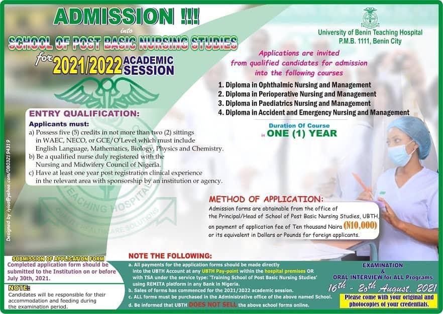 ubthng's tweet photo. Admission into School of Post Basic Nursing Studies UBTH , 2021/2022 Academic Session.
#PostBasicNursing
#SpecialtyNursing
#Ophthalmicnursing
#perioperativenursing
#paediatricnursing
#A&amp;_nursing https://t.co/piHoP9MlQd