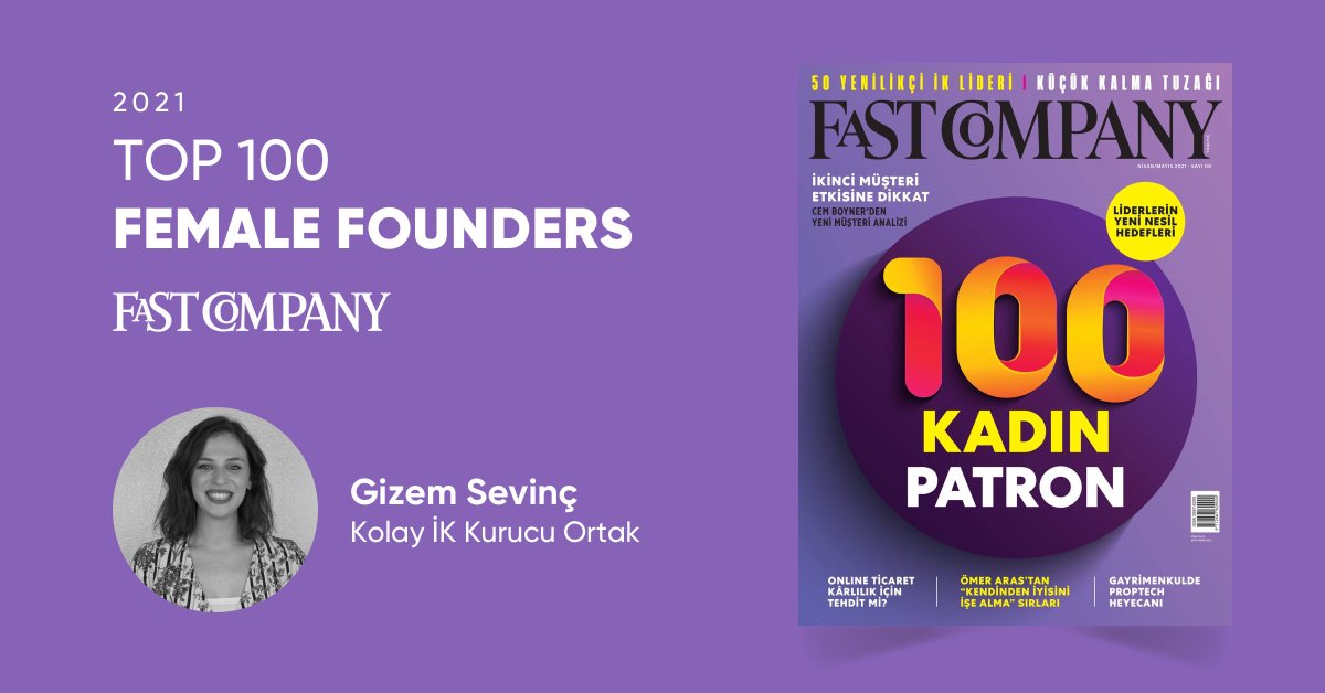 Türkiye'nin kurucusu kadın en büyük 100 şirketi Fast Company Türkiye dergisinin Nisan/Mayıs sayısında!

<a href="/FastCompanyT/">Fast Company Türkiye</a> tarafından açıklanan "En İyi 100 Kadın Kurucu" 2021 listesinde Kolay İK Kurucu Ortağı Gizem Sevinç (<a href="/gizemssevinc/">Gizem Sevinç</a>) yer aldı. 💪🎉#FemaleFounders100