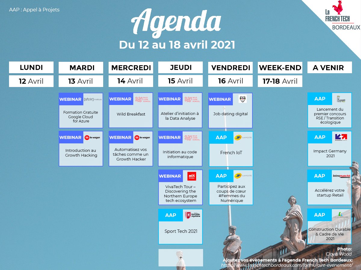 🗓 Vos événements #FrenchTech #Bordeaux de la semaine ➡️ #FTCentralBdx, <a href="/LeWagonBordeaux/">Le Wagon Bordeaux</a>, @WildSchool_Bdx, <a href="/M2iFormation/">M2I</a>, <a href="/NvelleAquitaine/">Nouvelle-Aquitaine</a>, <a href="/EGS_EsportEtude/">EGS</a>, <a href="/GroupeLaPoste/">La Poste Groupe</a>, <a href="/KanopeeKoncept/">Kanopée Koncept</a>, <a href="/businessfrance/">Business France</a>, <a href="/intermarche/">Intermarché</a>...🔥

Infos 👉 bit.ly/AgendaFTBdx