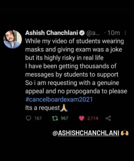TabishA65622344's tweet photo. @ashchanchlani 
Thank you sir for taking the initiative to bring up this topic l. Right now we are in a tough situation where If we even take one wrong step then it could lead to a disaster.
#cancelboardexam2021 
#cancelboards2021 #cancelboardexam2021 https://t.co/cp14M137Lq