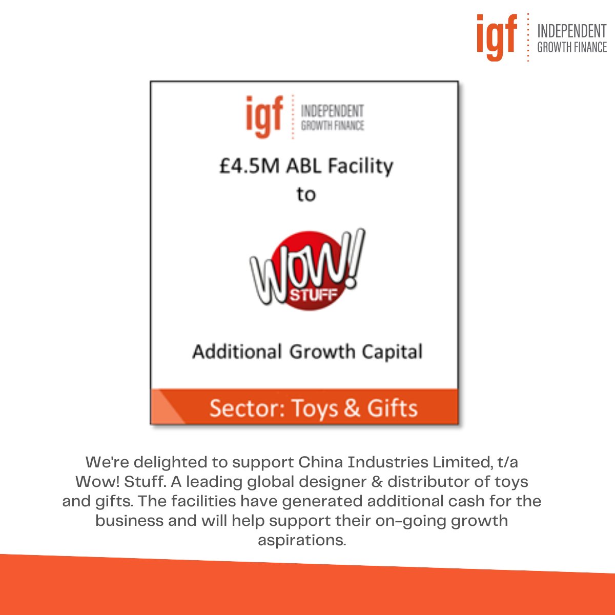 IGF_Group's tweet photo. IGF have provided a £4.5M Asset Based Lending facility to China Industries Limited, t/a Wow! Stuff

#abl #assetbasedlending #finance #funding #lendingsolutions #commercialfinance https://t.co/I132SRC2LW