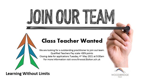 FirwoodSchool's tweet photo. Exciting opportunity! We are looking for a class teacher to join our team from September. For more information visit https://t.co/aZe9kNF5Xn #teachingjobs #teachingjob #workinschools #educationjobs #joinourteam #woodbridgetrust https://t.co/pfvAAUbx34