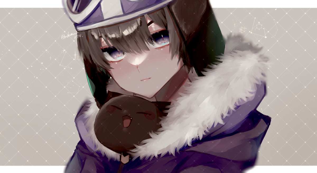 fur trim looking at viewer hat purple eyes hood brown hair closed mouth  illustration images