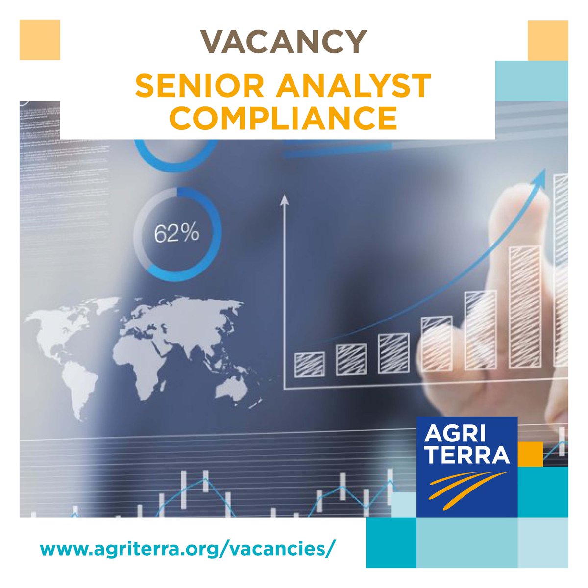 #vacancy We are recruiting a Senior Analyst Compliance!    
We are looking for an entrepreneurial professional who will collect, analyse and process relevant information about our programmes and projects with a view to donor compliance. Interested? 
Go to agriterra.org/vacancies/