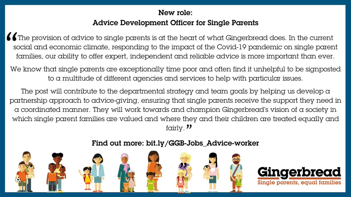 Gingerbread's tweet image. We&apos;re #hiring! Gingerbread are looking for an experienced #DevelopmentOfficer to work alongside our #expert #adviceteam &amp;amp; lead a new project around the creation of effective, seamless referral pathways across a range of support agencies in London.

Apply: bit.ly/GGB-Jobs_Advic…