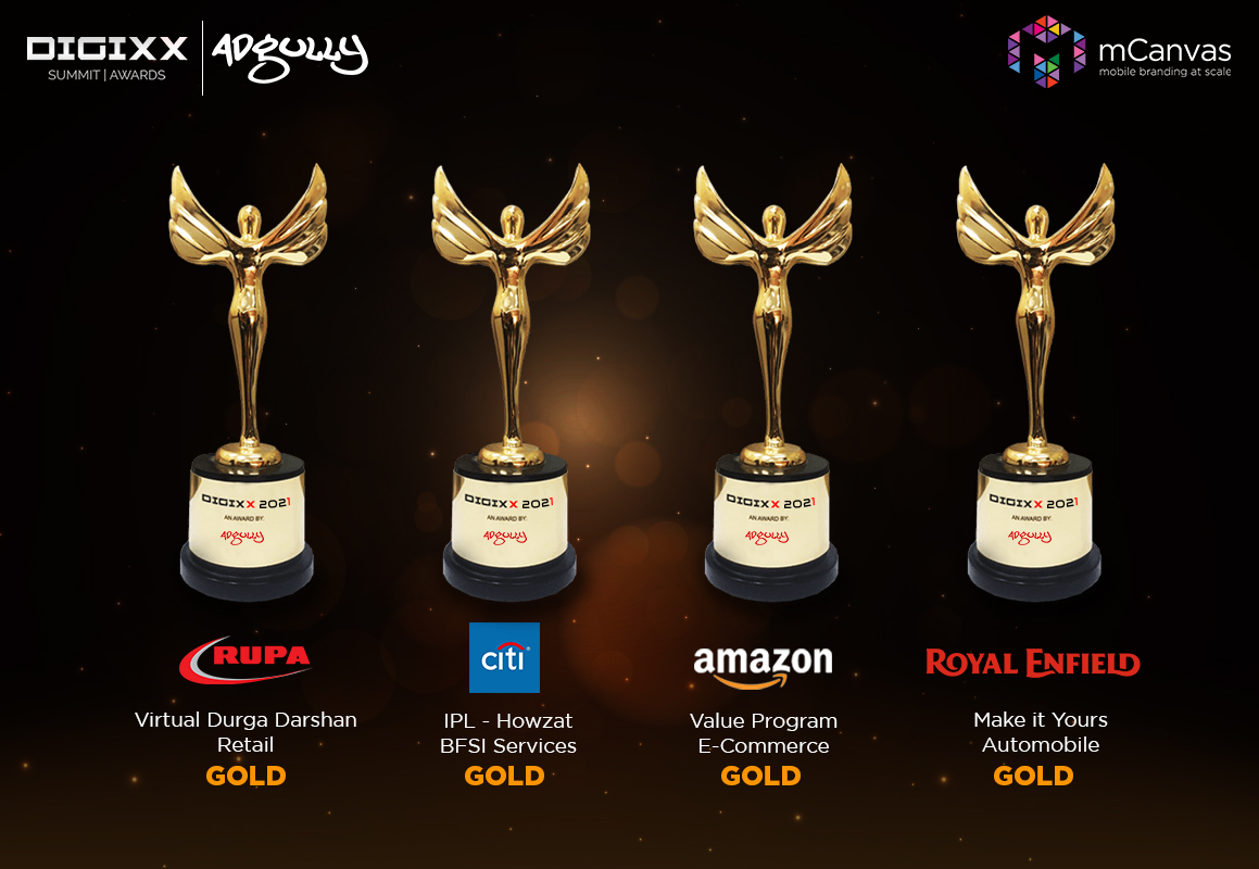 mCanvas_Media's tweet image. 4 BIG WINS! 
We’re ecstatic to announce that @mCanvas_Media  bagged 4 #GOLD titles at @adgully’s #Digixx2021 for @RupaKnitwear (Retail), @Citibank (BFSI), @amazonIN (E-Commerce) &amp;amp; @royalenfield (Automobile).

#mCanvasStorytellingAds