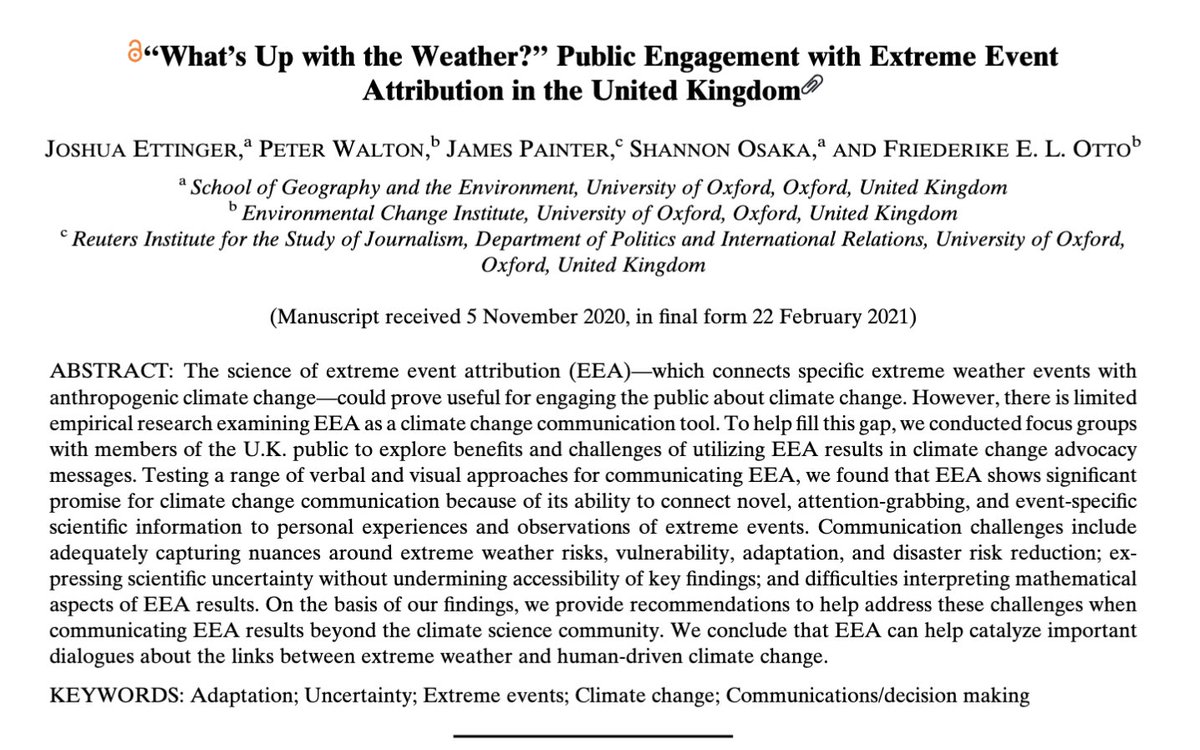 Excited to share the results of my first PhD paper in @AMSWCAS testing extreme event attribution (EEA) as a climate change communication tool (open access) (1/10) w/@kerf2012 @JamesPainter61 @shannonosaka @FrediOtto