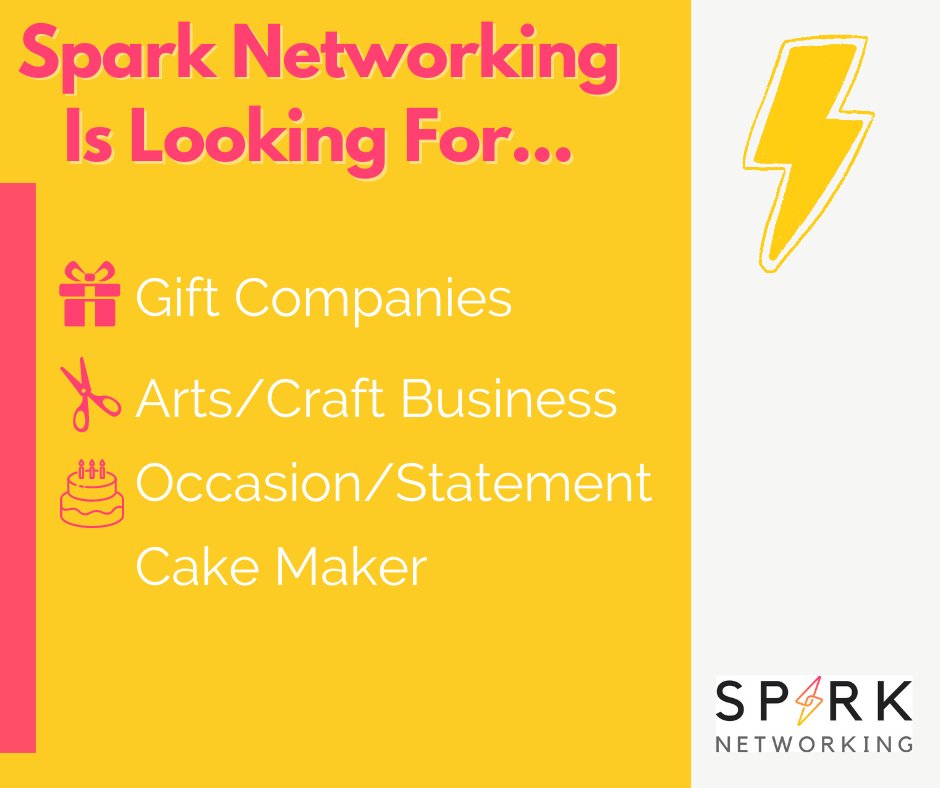 SparkYourGrowth's tweet photo. #SparkNetworking is looking to welcome arts/crafts businesses, gift companies &amp; a cake maker to our wonderful networking group! 

Are you ready to try a different type of networking? 👀⚡ It's fun, friendly &amp; effective. Plus, you get 2 meetings free!

https://t.co/kVIPj6ILsL https://t.co/7U0idEA6oL