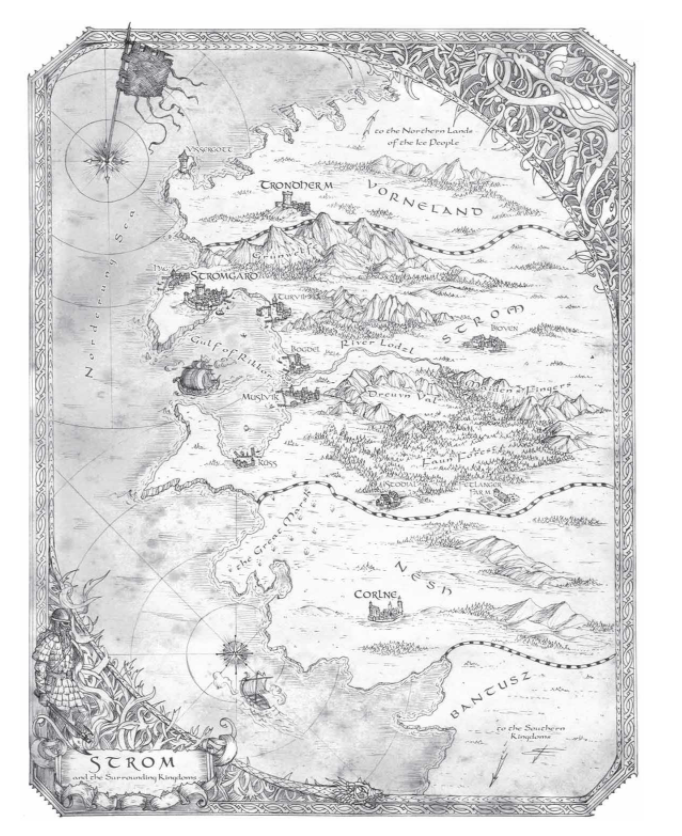We have a map, but it's TINY. Looks normal enough, the most suspicious thing is "to the Northern Lands of the Ice People." So of course, my first assumption is that it's the Norns again (under different name, of course). We shall see.