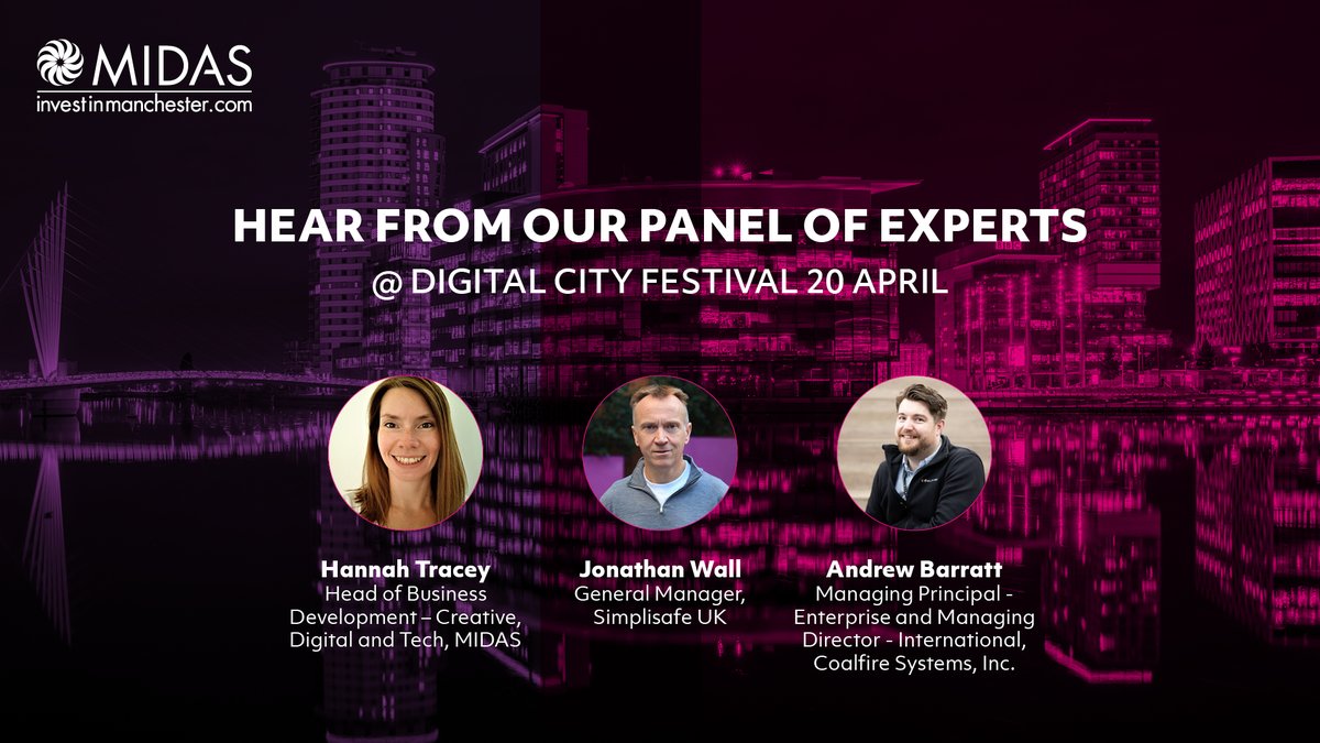 📆Join MIDAS on our 2-day Manchester Virtual Mission on 20-21 April as part of the wider <a href="/DigitalCityFest/">Digital City Festival</a>🏙️

Hear from our panel of experts to find out why #tech companies are choosing #Manchester as their #citytoscale

Find out more &amp; register for free👉 bit.ly/DCFmvmInv