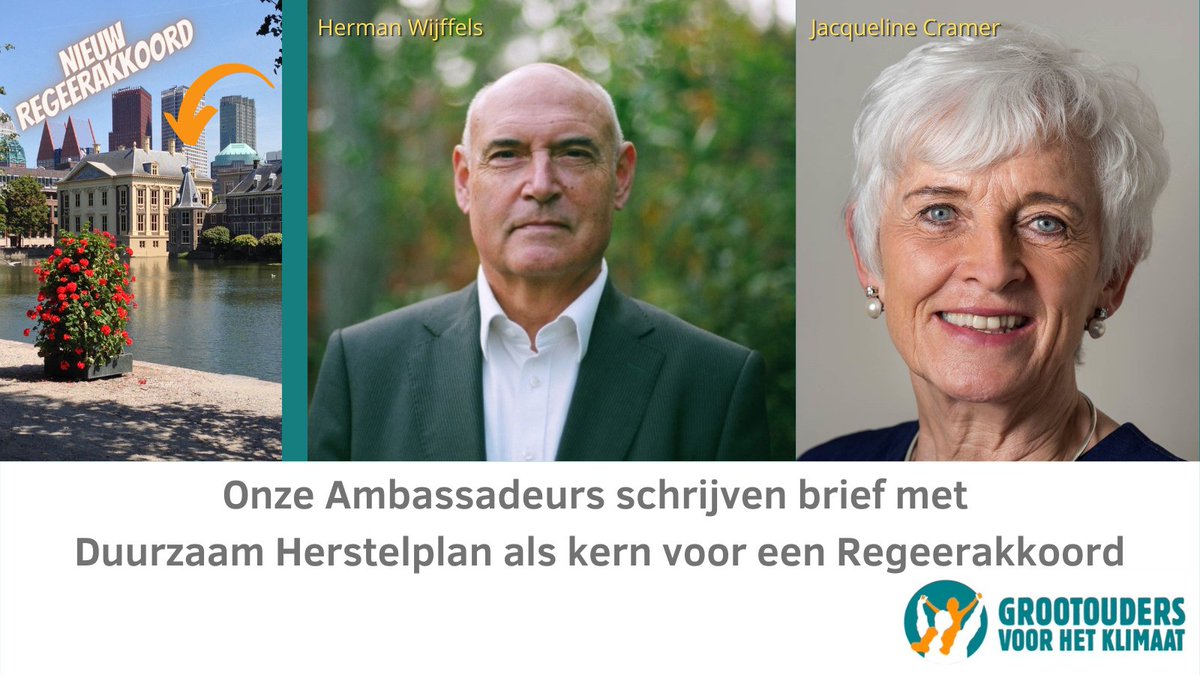 Onze ambassadeurs Jacqueline Cramer en Herman Wijffels stuurden informateur Herman Tjeenk Willink een brief. Daarin doen zij een voorstel voor een duurzaam (corona-)herstelplan als kern van een nieuw regeerakkoord. Lees de brief via grootoudersvoorhetklimaat.nl/politiek/duurz…