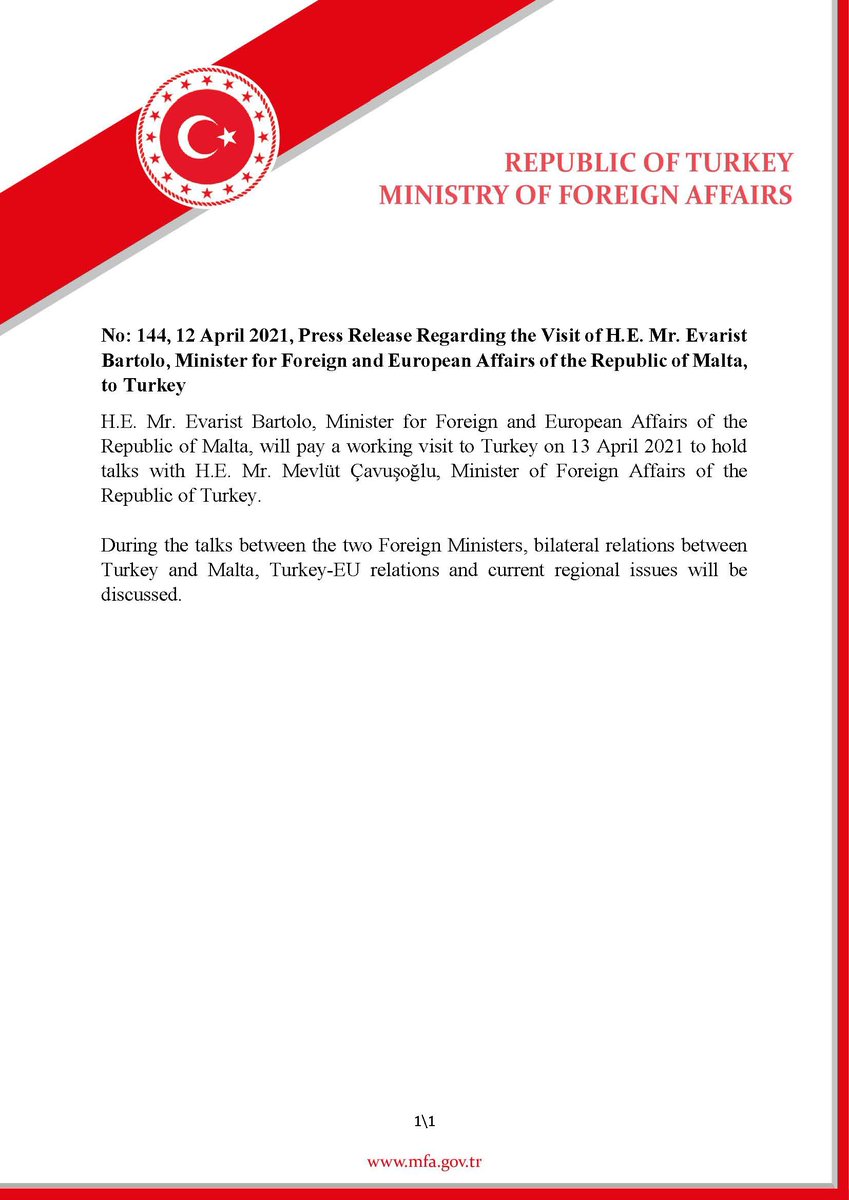 Press Release Regarding the Visit of H.E. Mr. Evarist Bartolo, Minister for Foreign and European Affairs of the Republic of Malta, to Turkey mfa.gov.tr/no_-144_-malta…