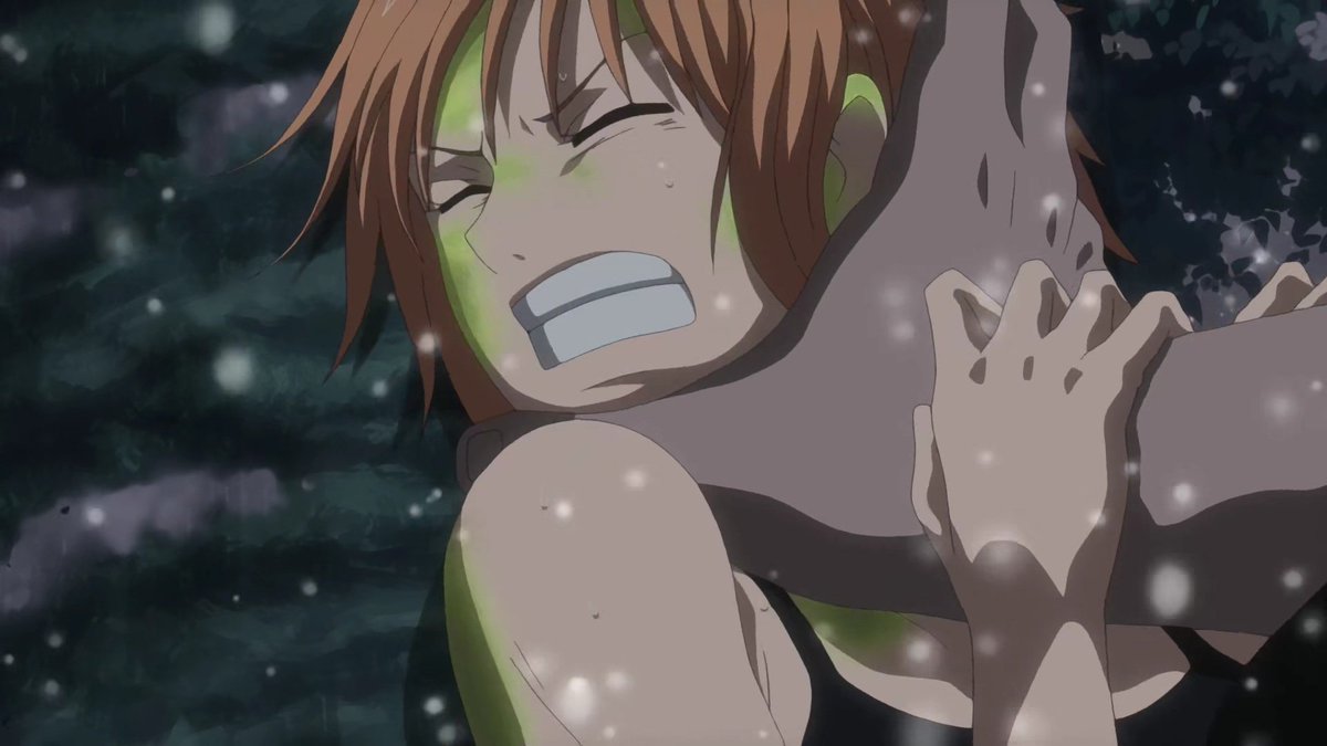 Nami refusing to be a damsel in distress and for the 2nd time trying to find ways to free herself and attacking Shiki. I LOVE HER SO MUCH ALSO UGH SHIKI GET UR UGLY ASS AWAY FROM HER.