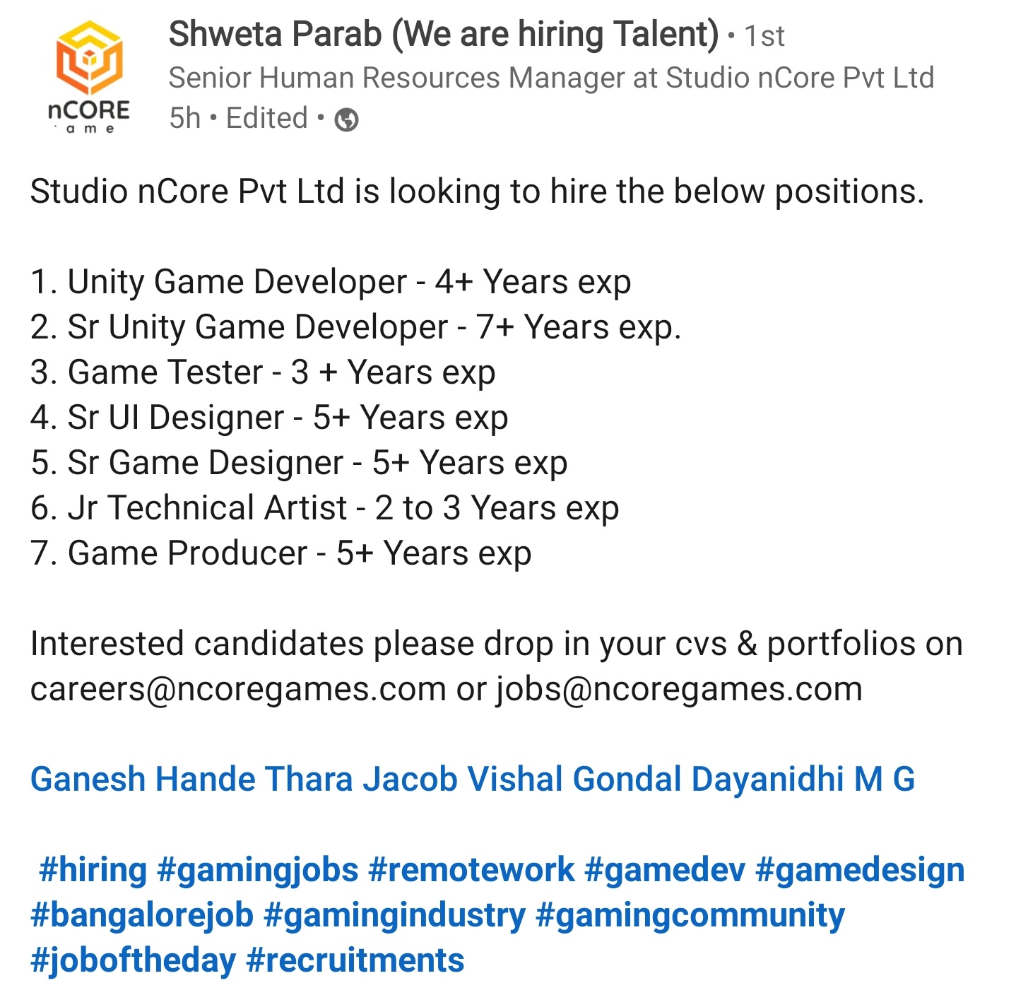 Vishal Gondal on Twitter: "Join team @nCore_games Change the face of gaming  in India Be the force of good Game On! Details #Jobs  https://t.co/PU35CF3drI https://t.co/VJ3EYR0NKH" / Twitter