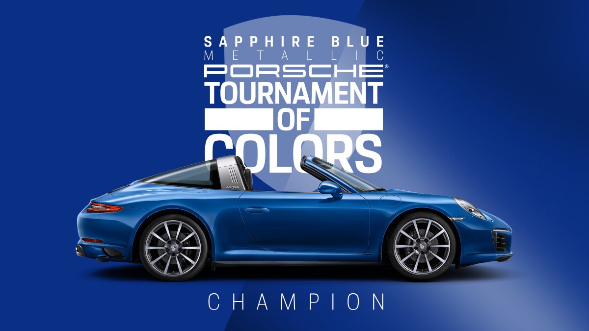 Porsche's tweet image. Congratulations to Sapphire Blue Metallic! After many hard-fought polls, it has emerged victorious and is now officially Twitter’s favorite Porsche paint color. #TournamentOfColors
