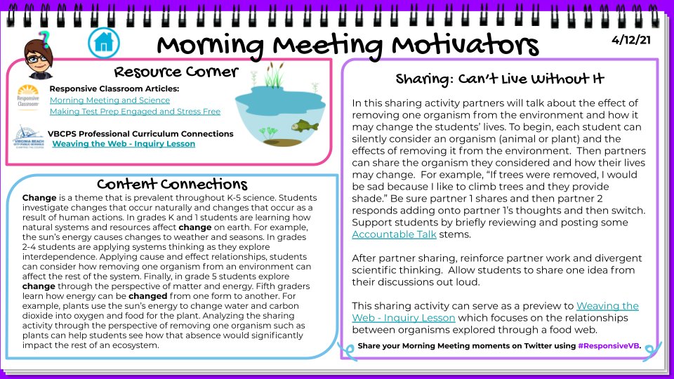 WHAT CAN'T YOU LIVE WITHOUT IN YOUR ENVIRONMENT? 🌳 This week's Morning Meeting Motivator has us SHARING our thoughts about how CHANGE can impact an ecosystem. Thanks <a href="/ChelyseMiller/">Chelyse Stefanik Miller</a> &amp; <a href="/RyanFoster25/">Ryan Foster</a> for this awesome science-themed MMM! 🙌bit.ly/MMMotivator2 
🤩#ResponsiveVB