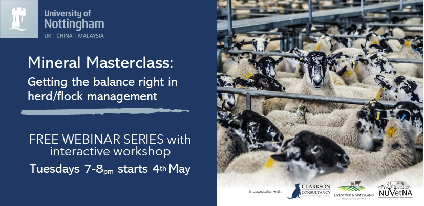 Learn more about herd/flock mineral health, on-farm mineral audit and how to remedy mineral problems with our FREE webinar and workshop series. 
Register &amp; find out more here:
nottingham.ac.uk/vet/study-with…