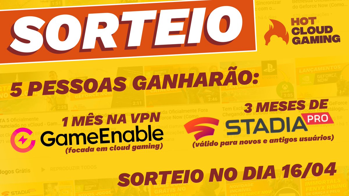 HOTCLOUDGAMING's tweet image. 🔥☁️Sorteio quente para comemorar 2K inscritos no nosso canal do YouTube

🏆5 pessoas ganharão um mês na VPN @EnableGame e 3 meses no @GoogleStadia PRO

Para participar basta: 
💥Seguir @HOTCLOUDGAMING 
💥Retweetar este post do sorteio 

✅Sorteio: 16/04

⚠️Regras seguem no fio