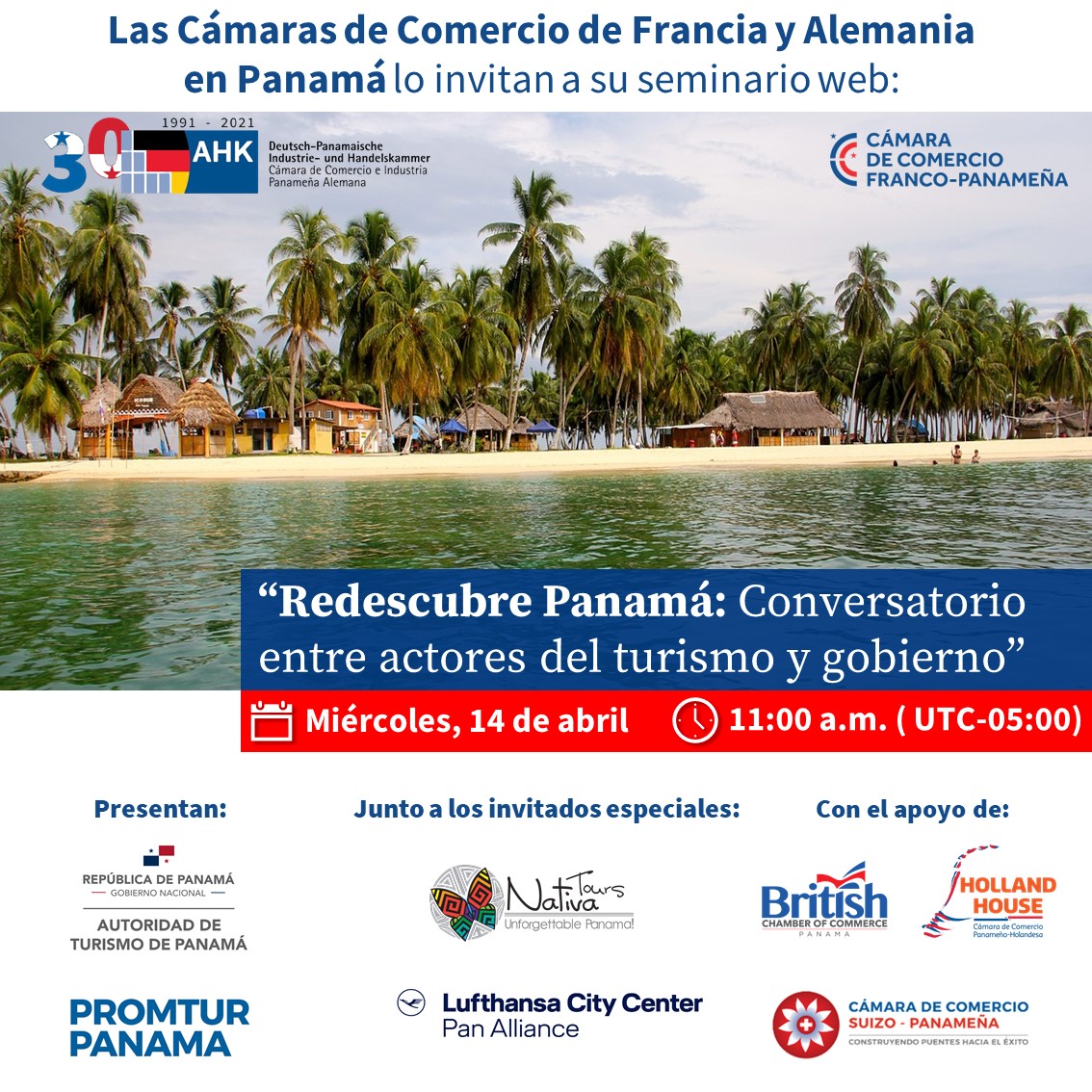 Les invitamos a participar en el #webinar "Redescubre Panamá: Conversatorio entre actores del turismo y gobierno", organizado en conjunto con la <a href="/ccfrancepanama/">Cámara de Comercio Franco-Panameña</a>. 
¡Contaremos con 4 invitados del sector #turismo muy especiales!
Link de inscripción: bit.ly/3w2KasJ
