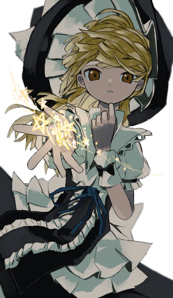 kirisame marisa 1girl solo hat blonde hair witch hat white background short sleeves  illustration images