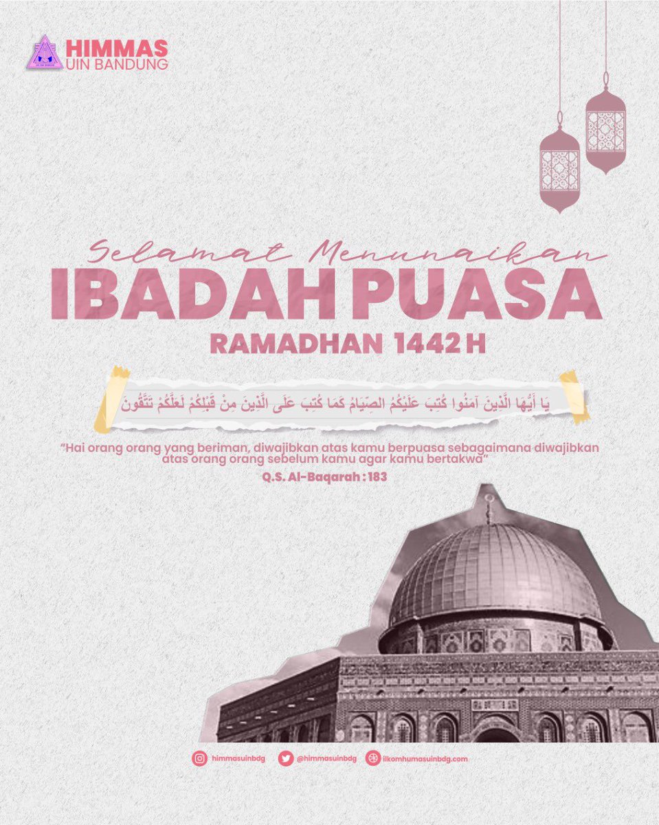 [RAMADHAN 1442 H/2021]

Kami keluarga besar Himpunan Mahasiswa Humas mengucapkan selamat menjalankan ibadah puasa Ramadhan 1442 H.

Narahubung:
📞 0859130974864 (Hadisto) 

#HIMMASUINBDG
#INHUMASWETRUST
#AINGHUMASBLOUGHT
#MarhabanYaaRamadhan
#Ramadhan1442H
