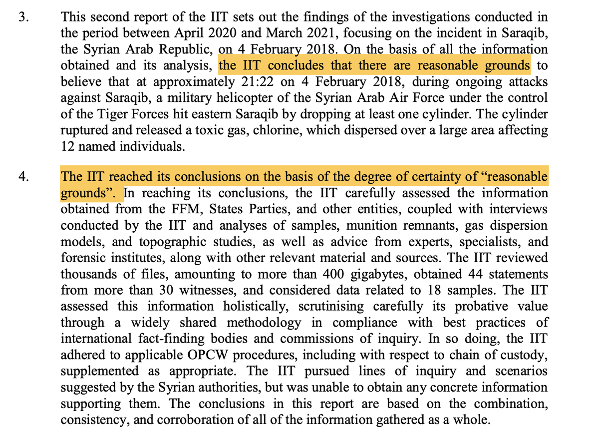 Unsurprisingly,  @OPCW misrepresents its report: "IIT concludes that units of the Syrian Arab Air Force used chemical weapons in Saraqib." No, IIT -- just like w/ Douma -- uses the cowardly "reasonable grounds" qualifier. Why? They want to suggest guilt without having to prove it.
