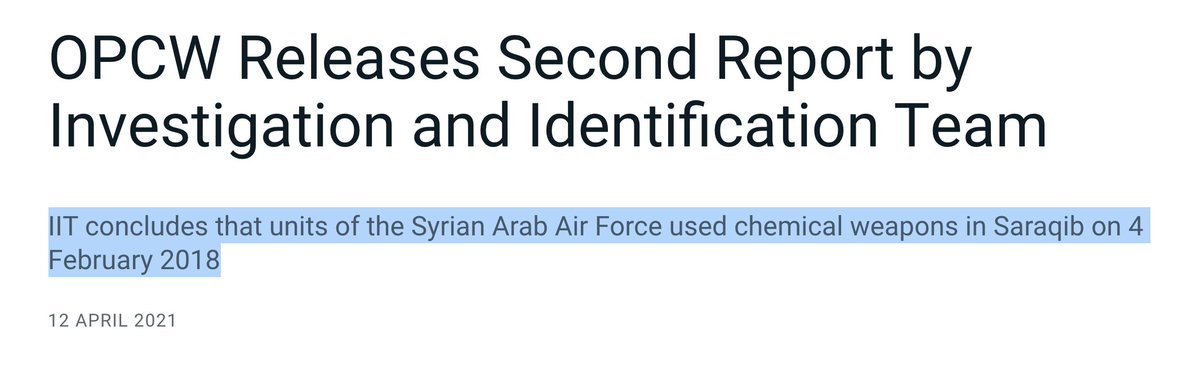 Unsurprisingly,  @OPCW misrepresents its report: "IIT concludes that units of the Syrian Arab Air Force used chemical weapons in Saraqib." No, IIT -- just like w/ Douma -- uses the cowardly "reasonable grounds" qualifier. Why? They want to suggest guilt without having to prove it.