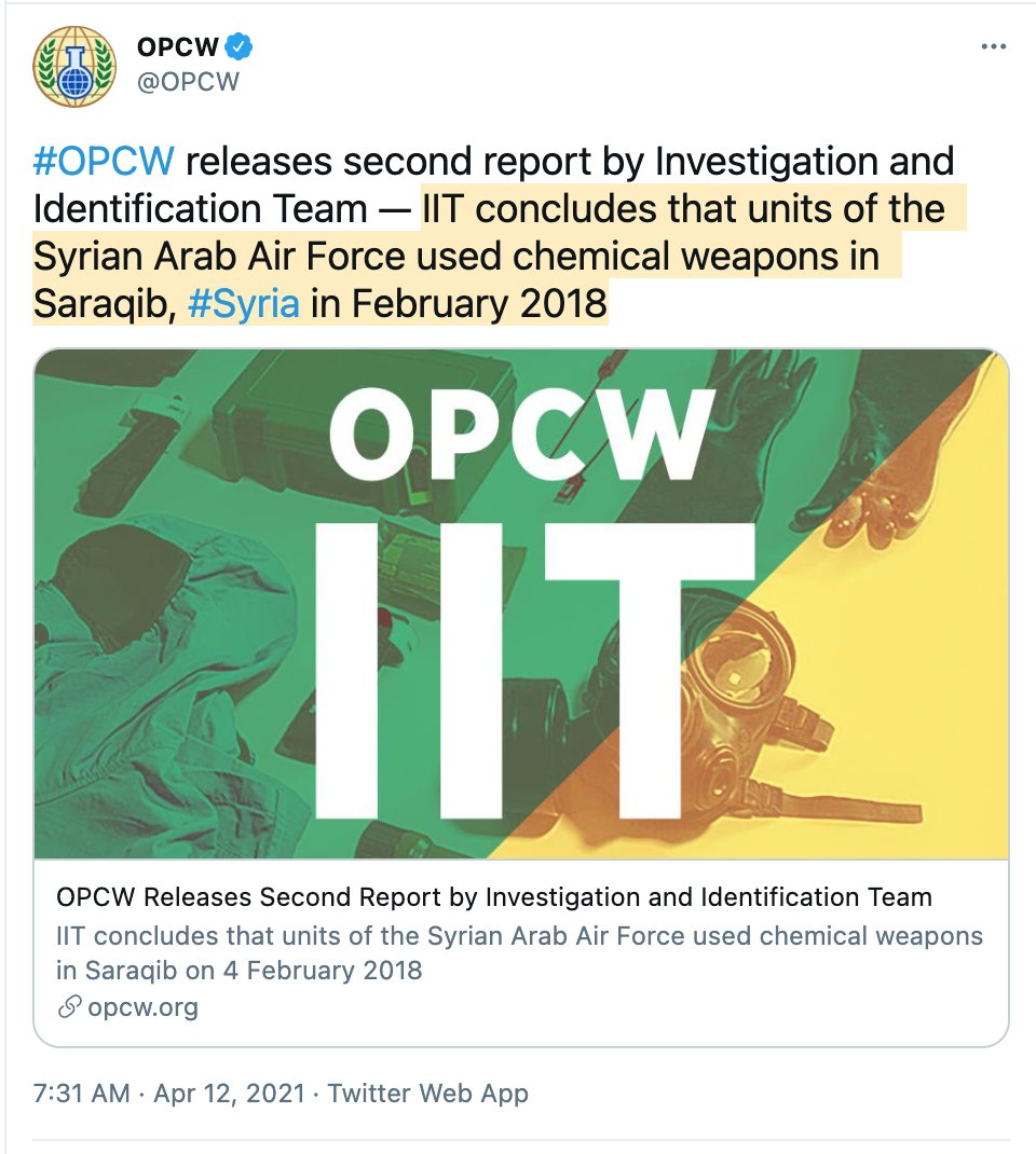 Unsurprisingly,  @OPCW misrepresents its report: "IIT concludes that units of the Syrian Arab Air Force used chemical weapons in Saraqib." No, IIT -- just like w/ Douma -- uses the cowardly "reasonable grounds" qualifier. Why? They want to suggest guilt without having to prove it.