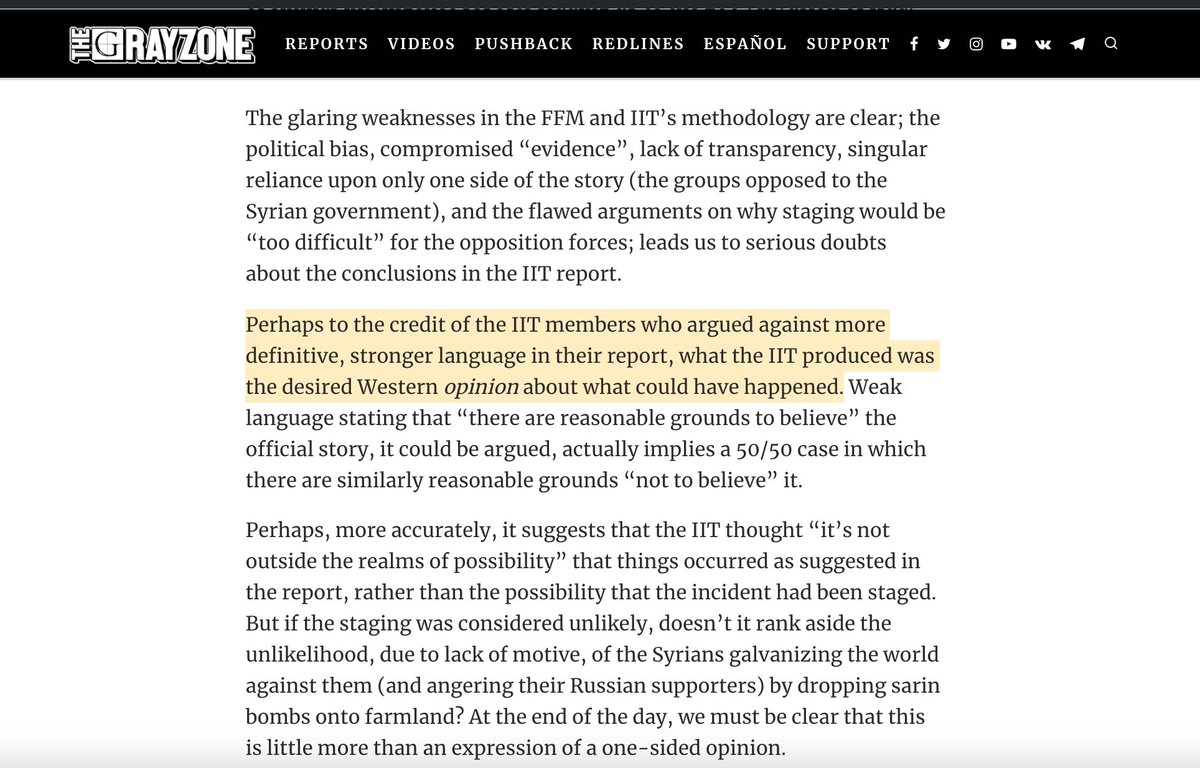 As dissenting OPCW insiders wrote about last IIT report: "Perhaps to the credit of IIT members who argued against more definitive, stronger language in their report, what the IIT produced was the desired Western opinion about what could have happened..."  https://thegrayzone.com/2020/04/28/opcw-insiders-ltamenah-chemical-weapons-report/