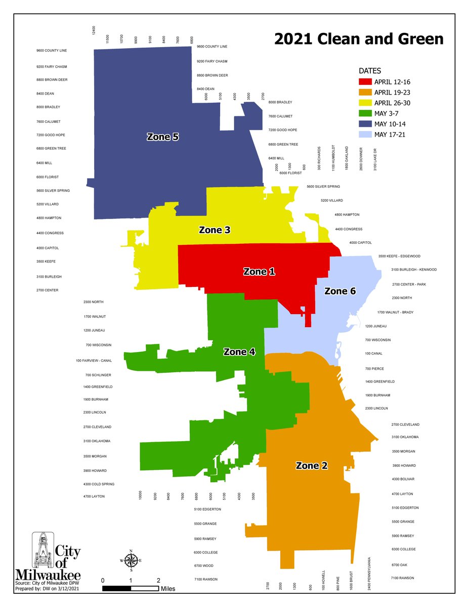 Beginning this week! City of Milwaukee Project Clean &amp; Green runs from: April 12th - May 21st, 2021. Find the zone you are located in, begin cleaning and set out acceptable items on your scheduled Clean &amp; Green collection date.