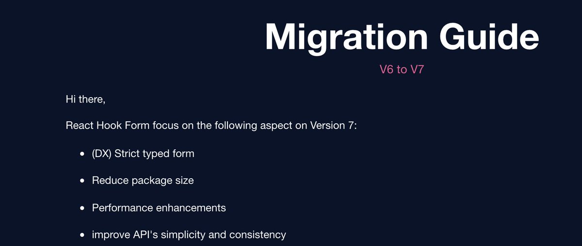 React-Hook-Form v7 was released by  @bluebill1049  https://react-hook-form.com/migrate-v6-to-v7/Most exciting thing is probably leveraging TS 4.1 template literal types and being able to type-check the form against field-name typos!