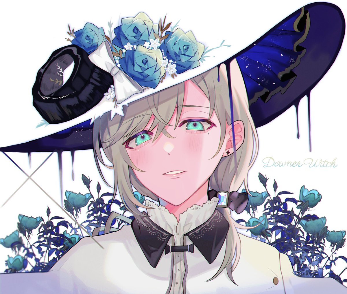 hat 1boy solo male focus flower mole under eye blue flower  illustration images