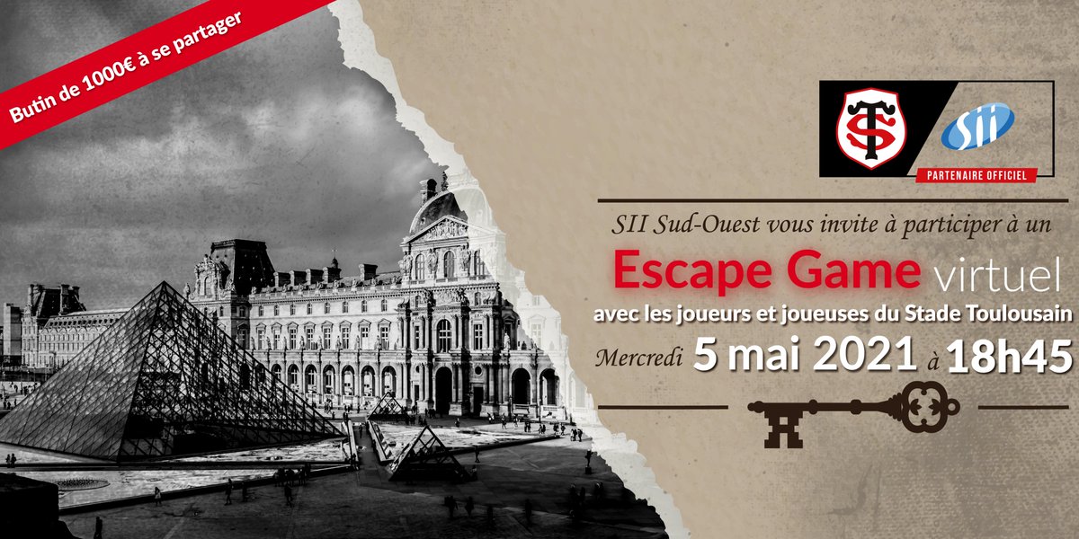 GroupeSII's tweet photo. 🗝️#EscapeGame 100% virtuel @SIISudOuest x @StadeToulousain🏈
RDV le 5 mai pour résoudre une enquête avec des alliés du Stade Toulousain implacables à vos côtés !
🕵Impatients de résoudre cette énigme ? Pour vous pré-inscrire, empruntez ce lien ➡ https://t.co/2zienQqBXc https://t.co/rPxgp6jBX6