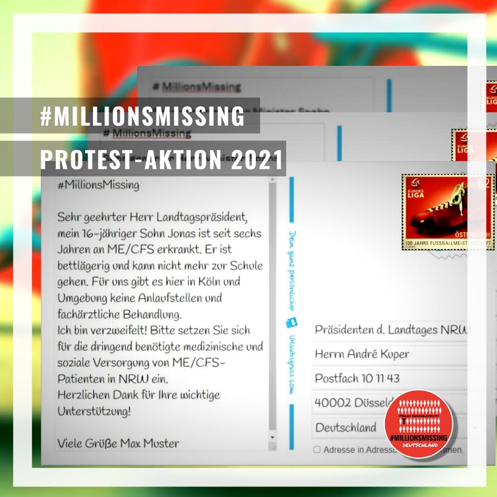 MMissingGermany's tweet photo. 🔴 Auch 2021 können die Proteste rund um den int. #MECFS-Tag am 12. Mai nicht auf den Straßen stattfinden.
#MillionsMissing Deutschland ruft dazu auf, auch 2021 Postkarten zu versenden – in diesem Jahr an die Präsident:innen der Landesparlamente!
ℹ️ https://t.co/7g3YMj1nmi https://t.co/uZt8ZWEGUP