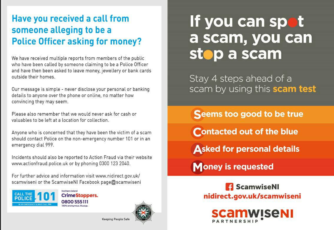 Please be vigilant about possible scams from unscrupulous individuals pretending to police officers.

#KeepingPeopleSafe