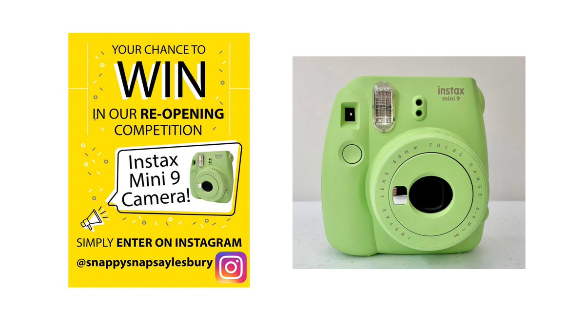 We’re so excited about reopening that we’re holding a belter of a giveaway over on Instagram!

Head to our Insta (snappysnapsaylesbury) and find the post with these photos for a chance to get this Fujifilm Instax Mini 9 camera and a double pack of Instax Mini Instant Film.