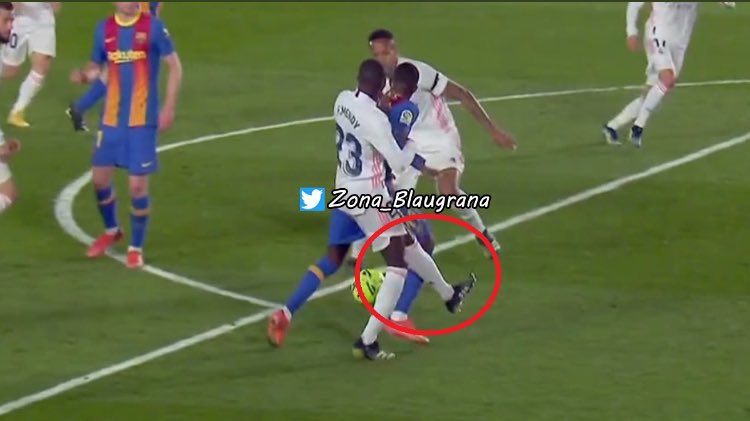 3- Dembele dribbling Ferland Mendy and Militao and as he is sprinting he gets pulled by Mendy and tackled, Mendy didn’t touch the ball until the foul occurred. Clear Pen