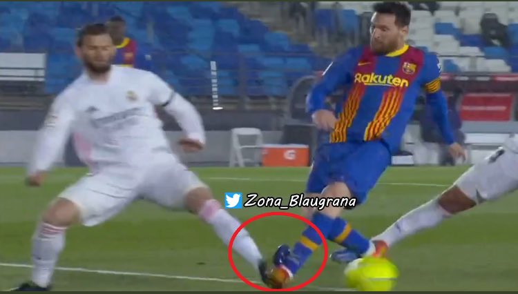 2- Leo kicked the ball which then deflected on Nacho’s leg. Then Nacho tackled Messi who didn’t have the ball at that time