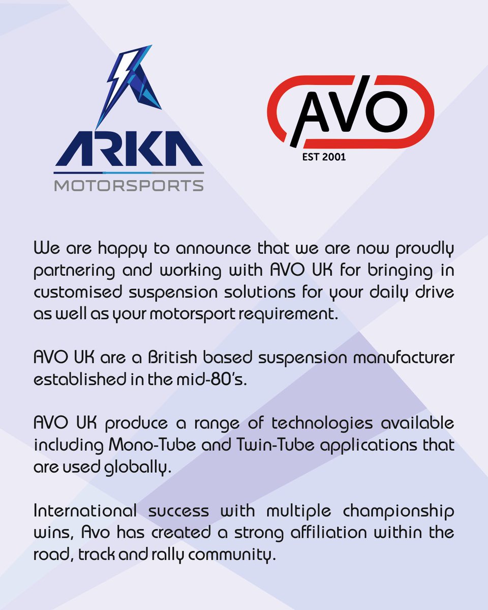 We are happy to announce that we are partnering to develop and sell customised AVO Suspension UK <a href="/avo_uk/">AVO Suspension UK</a> in India ! 

Contact us for more information at info@arkamotorsports.com 

#AvoSuspensionUK #ArkaMotorsports #Engineering #Suspension #SuspensionEngineering