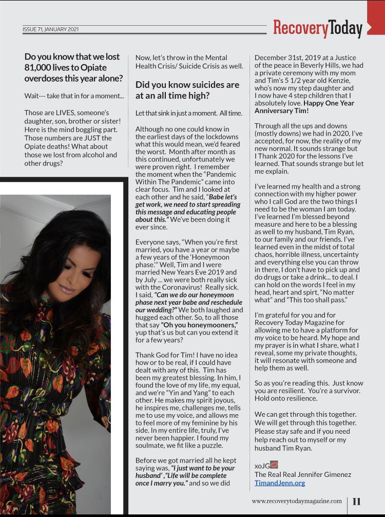 JenniferGimenez's tweet photo. Better late than never here is my @recovery2daymag article I did a couple months back@AManInRecovery
#TimJenn #PowerCouple #Timifer #DopeToHope #JenniferGimenez #Model #Actress #Writer #RecoveryTodayMagazine #JenniferGimenezTheRealReal #Podcast #TheTimAndJennShow #SoberIsSexy https://t.co/ZMGLbcBUpl