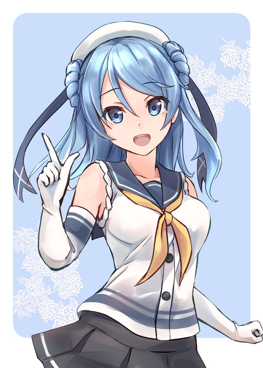 urakaze (kancolle) 1girl solo hat double bun sleeves rolled up gloves blue eyes  illustration images