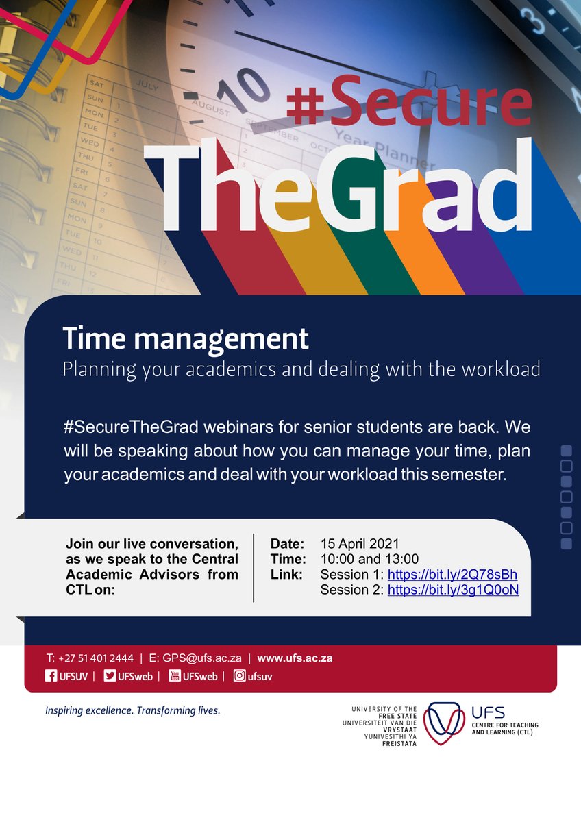UFSweb's tweet photo. Welcome back, Seniors

#SecureTheGrad webinars for senior students are back. Let us get you closer to securing the grad by helping you manage your time and workload like a pro. 

Join our live conversation on 15 April 2021. https://t.co/5PiboUfFud
