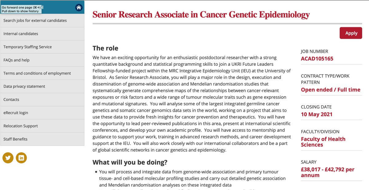 I am looking to recruit a postdoc to join my team supported by the UKRI Future Leaders Fellowship #UKRIFLF We are able to offer long-term funding to work on incredibly exciting cancer genetic epidemiology projects @BristolUni. Retweets highly appreciated! bristol.ac.uk/jobs/find/deta…