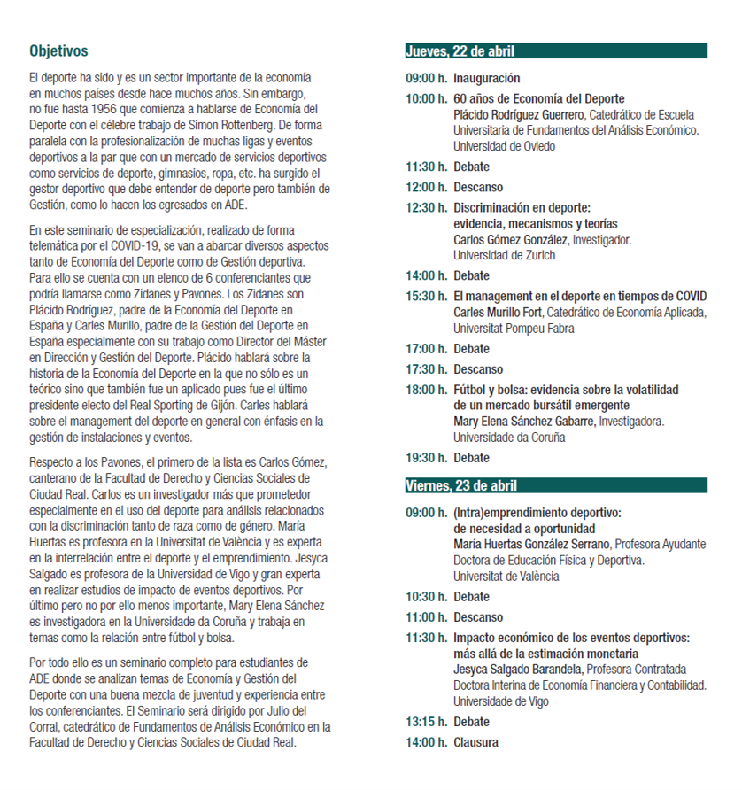 Julio del Corral 🇪🇸🇪🇺🇺🇦💪 (@jdelcorraltm) on Twitter photo Los días 22 y 23 de abril organizo un seminario titulado "Mirando al deporte desde el balcón de la Economía y la Gestión"
Buena oportunidad para los estudiantes de la <a href="/uclm_es/">Universidad de Castilla-La Mancha</a> para aprender de Economía del Deporte y Gestión Deportiva. Animaros!! Los días 22 y 23 de abril organizo un seminario titulado "Mirando al deporte desde el balcón de la Economía y la Gestión"
Buena oportunidad para los estudiantes de la <a href="/uclm_es/">Universidad de Castilla-La Mancha</a> para aprender de Economía del Deporte y Gestión Deportiva. Animaros!!