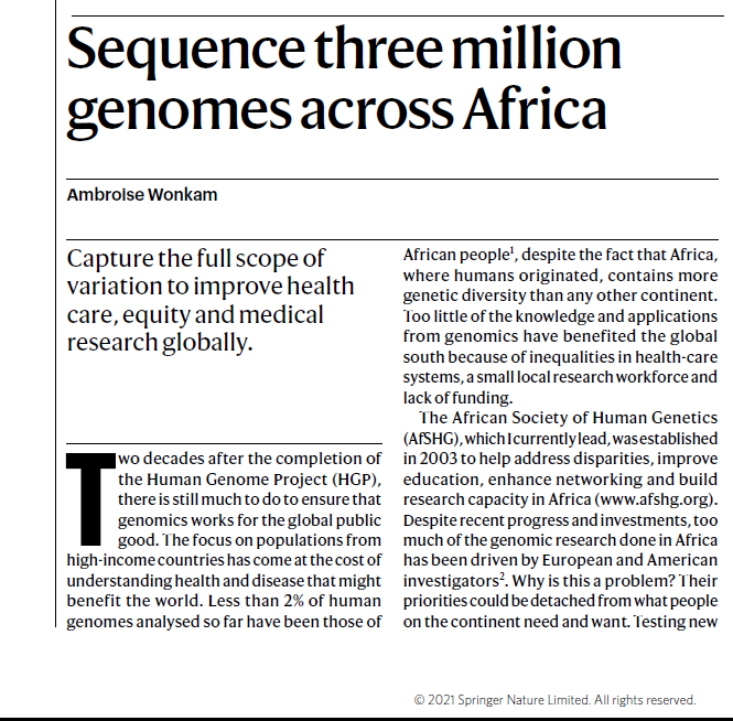 GeneMAPOfficial's tweet photo. In a recent publication #GeneMAP Director, Prof Ambroise Wonkam, presents the vision of a newly conceived project-The Three Million African Genomes (3MAG). 3MAG, like @H3Africa seeks to advance genetic medicine in Africa & globally. #EquityInGenomics
Read: https://t.co/BLdiF8HTy3 https://t.co/99G837iUzh